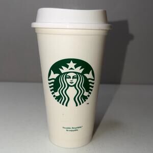 Starbucks Classic White Reusable Plastic Cup With Cover Grande 16 oz Hot Coffee
